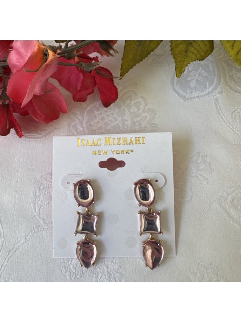 Isaac Mizrahi Glass Bead Rhinestone Earrings Pink Goldtone 1 3.4" Party NEW